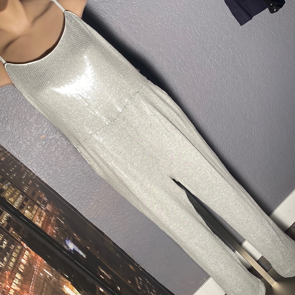 ANTHROPOLOGIE - jumpsuit: grey lined, sequins, pockets, adj. straps, zip - 14